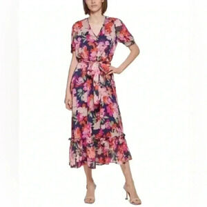 Calvin Klein Floral-Print Belted MIDI Dress